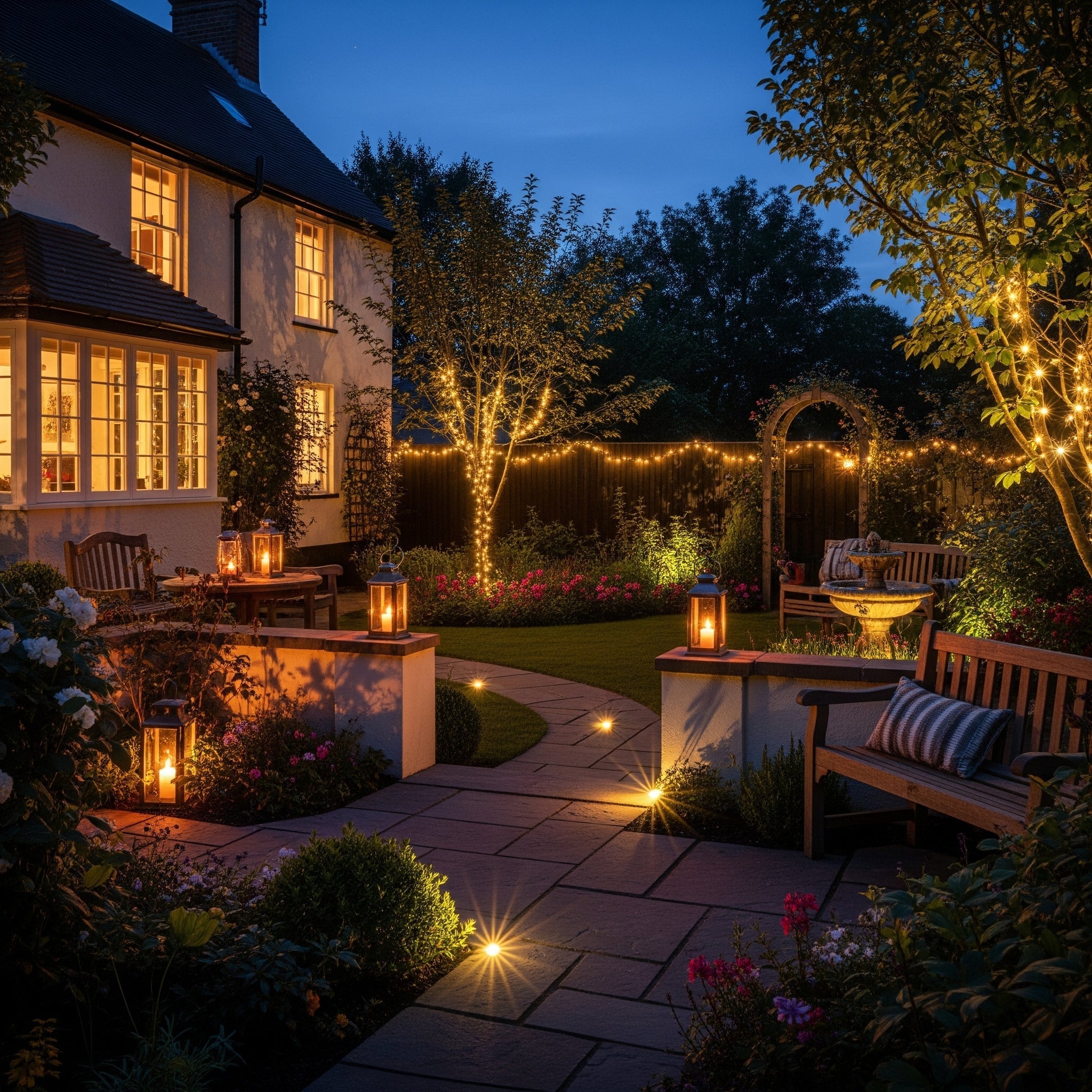 Jardin d'une maison avec un éclairage harmonieux