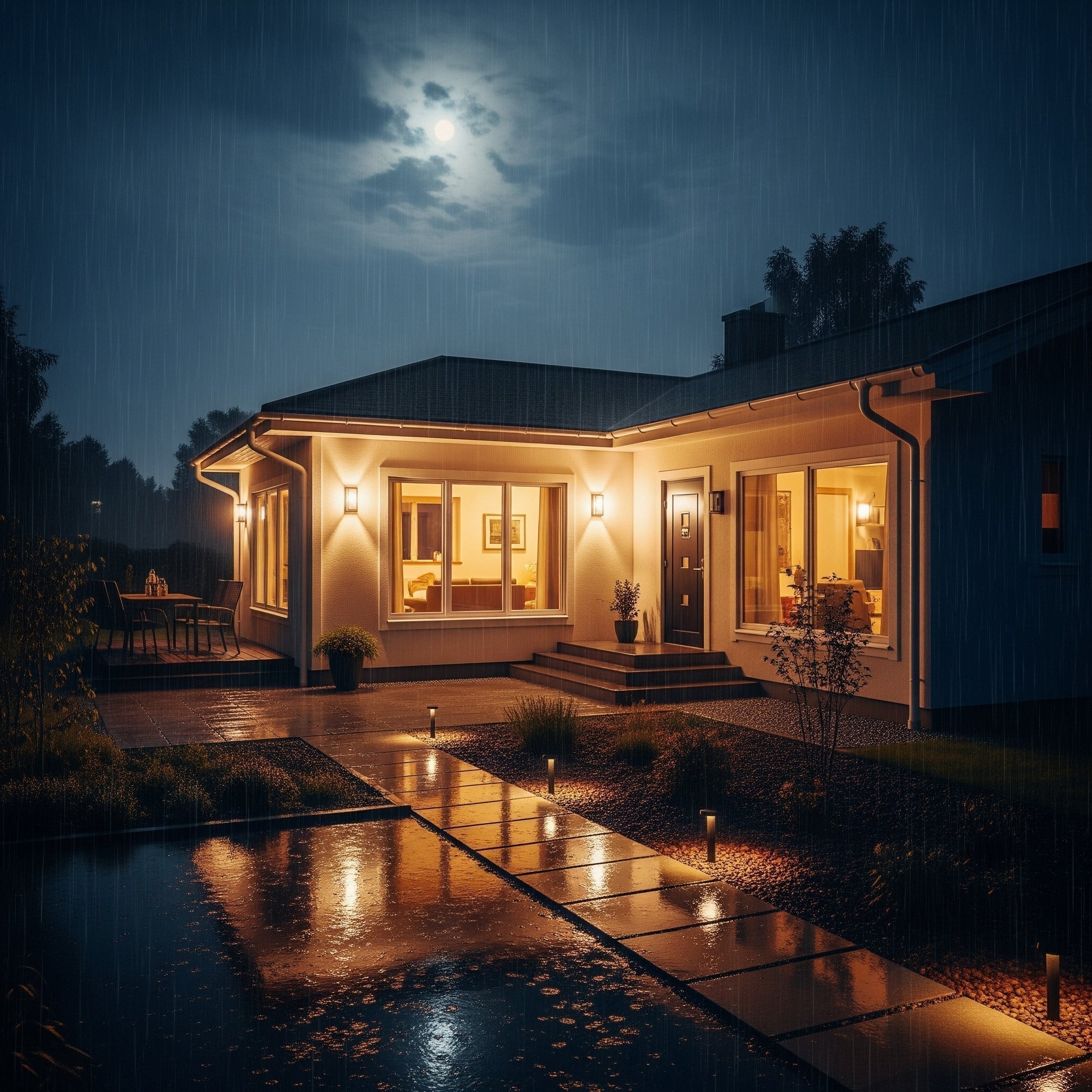Maison avec éclairage d'extérieur sous la pluie