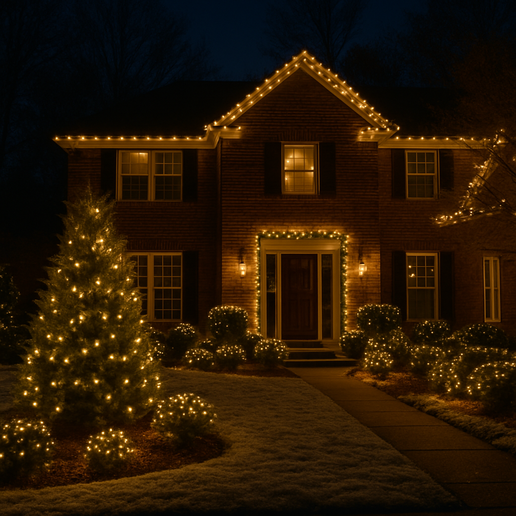 Maison sous la neige avec guirlandes