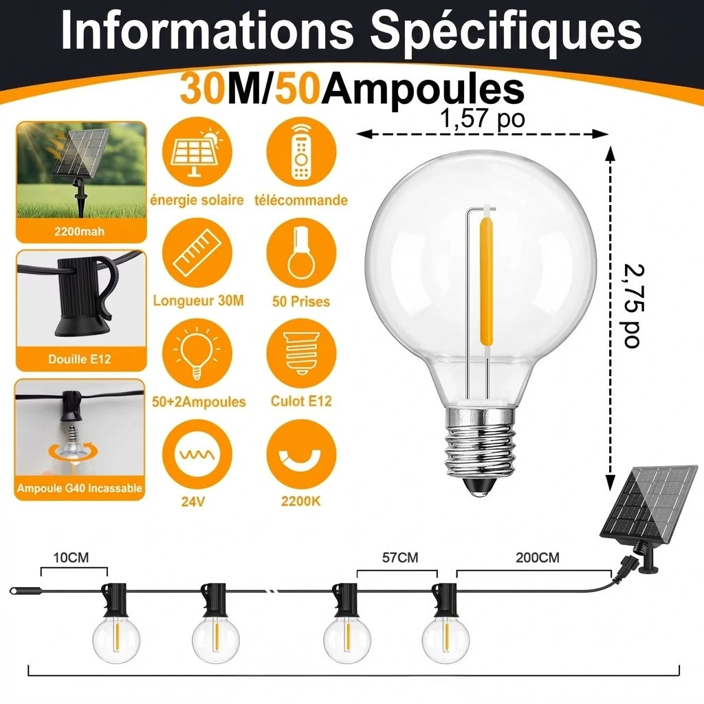 Guirlande Solaire G40 LED – Ampoules Incassables, Étanche, Décoration Terrasse et Jardin (Orion) - LUMICONCEPT