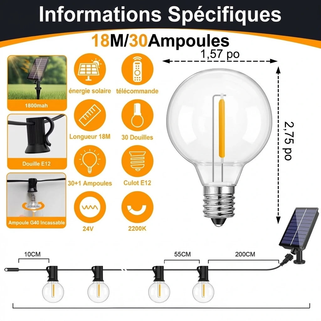 Guirlande Solaire G40 LED – Ampoules Incassables, Étanche, Décoration Terrasse et Jardin (Orion) - LUMICONCEPT
