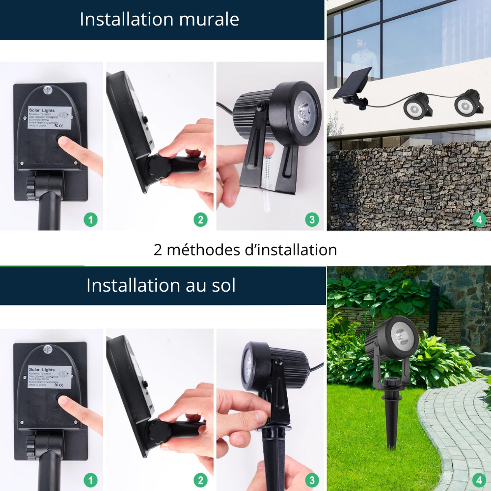 Lot de 2 Projecteurs Solaires LED Extérieur 3000K/6000K – Étanche IP65 (Draco) - LUMICONCEPT