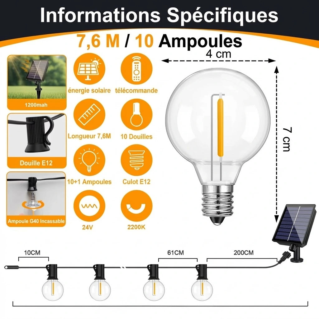 Guirlande Solaire G40 LED – Ampoules Incassables, Étanche, Décoration Terrasse et Jardin (Orion) - LUMICONCEPT