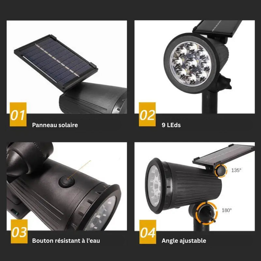 Projecteur Solaire 9 LED – Étanche IP65, Luminosité Réglable pour Jardin, Allée, Pelouse et Extérieur (Andromeda) - LUMICONCEPT
