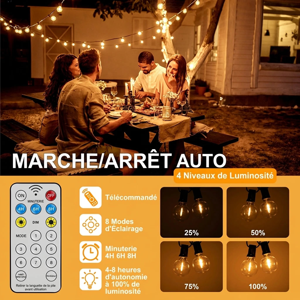 Guirlande Solaire G40 LED – Ampoules Incassables, Étanche, Décoration Terrasse et Jardin (Orion) - LUMICONCEPT