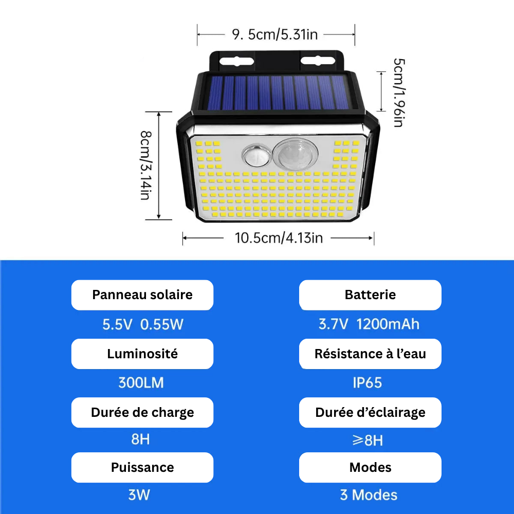 Projecteur Mural Solaire LED Extérieure – Étanche IP65, 148 LED Ultra-Lumineuses avec Détecteur de Mouvement, 3 Modes, Éclairage Sécurité (Cygnus) - LUMICONCEPT