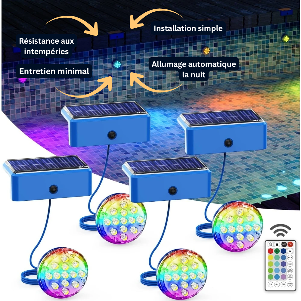 Lumières solaires submersibles pour piscine – IP68, LED RGB 16 couleurs avec télécommande et minuterie - LUMICONCEPT