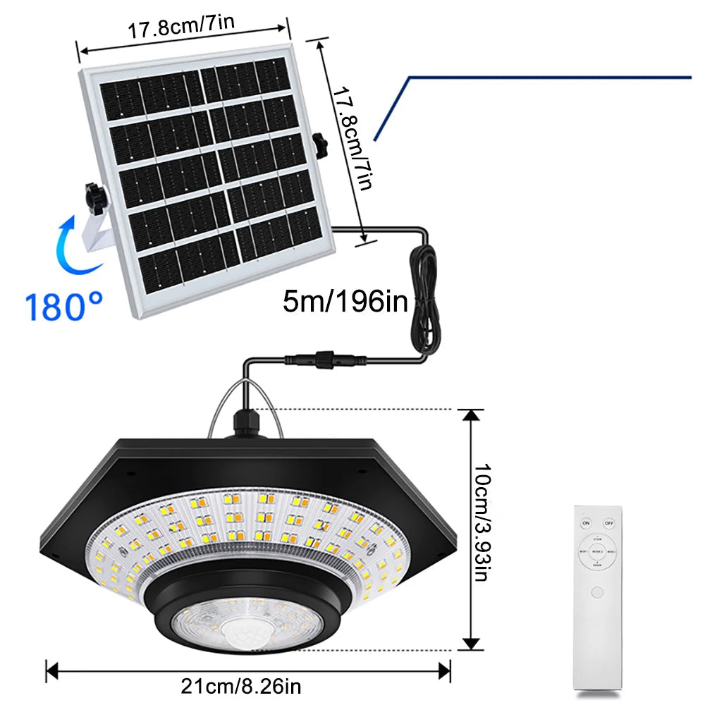 Suspension Solaire LED – 228 LED Ultra-Lumineuses, Télécommande, Détecteur de Mouvement, 3 Modes + Minuterie, Étanche IP65 (Phoenix) LUMICONCEPT