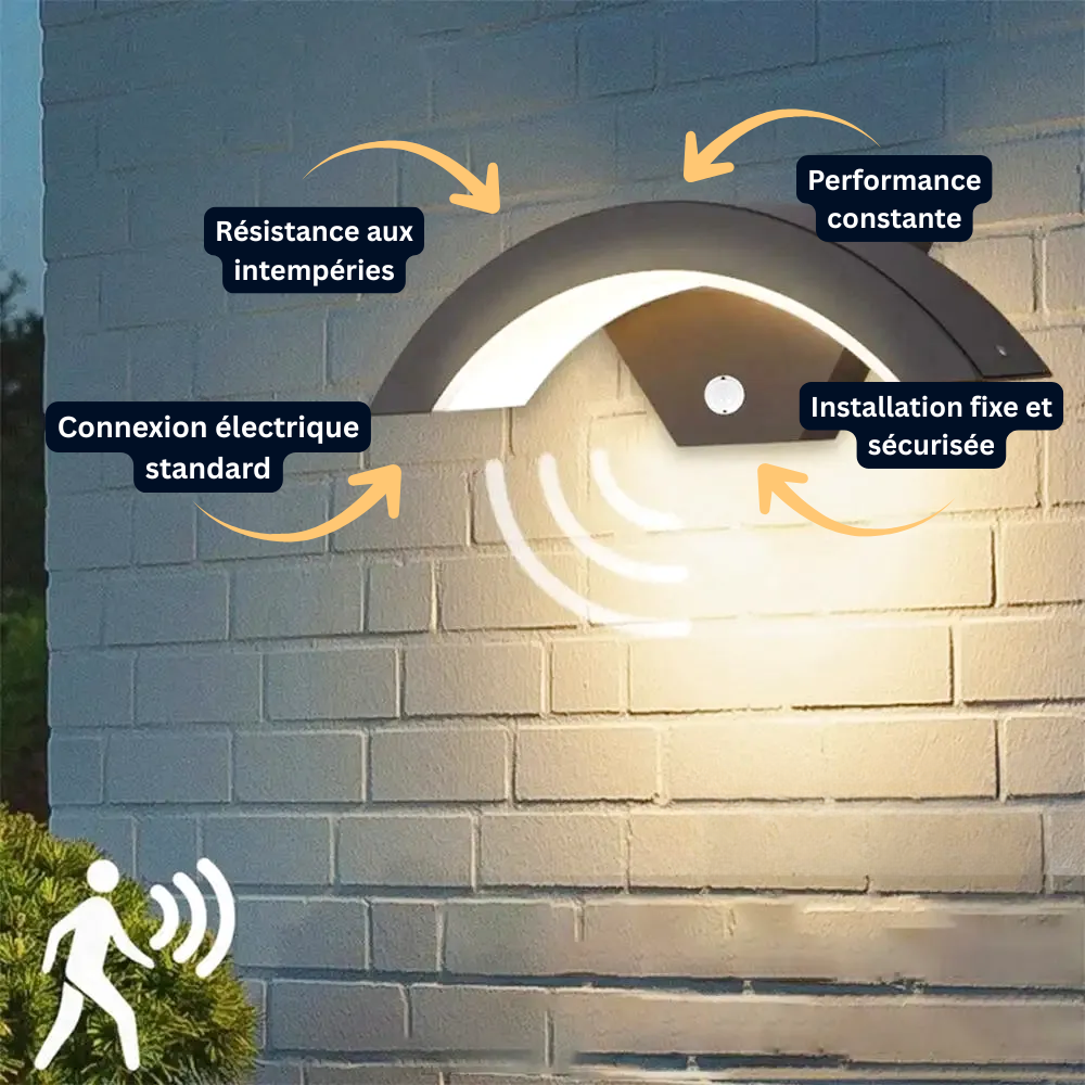 Applique Murale LED Extérieure – Étanche IP65, 24W, Détecteur de Mouvement, Lumière Noire 3000K, Couloir et Jardin (Delphinus) - LUMICONCEPT