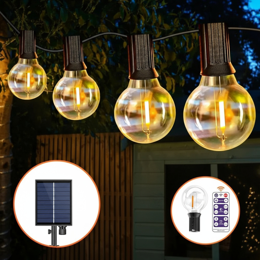 Guirlande Solaire G40 LED – Ampoules Incassables, Étanche, Décoration Terrasse et Jardin (Orion) - LUMICONCEPT