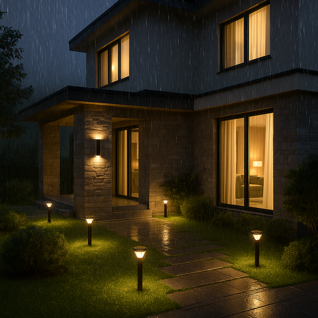 Maison sous la pluie avec luminaires d'extérieur