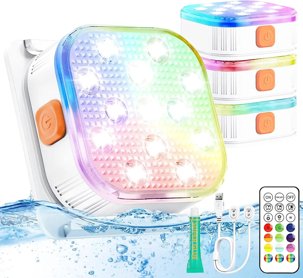 Lampe de piscine LED submersible rechargeable – IP68, 16 couleurs, télécommande 200FT & minuterie - LUMICONCEPT