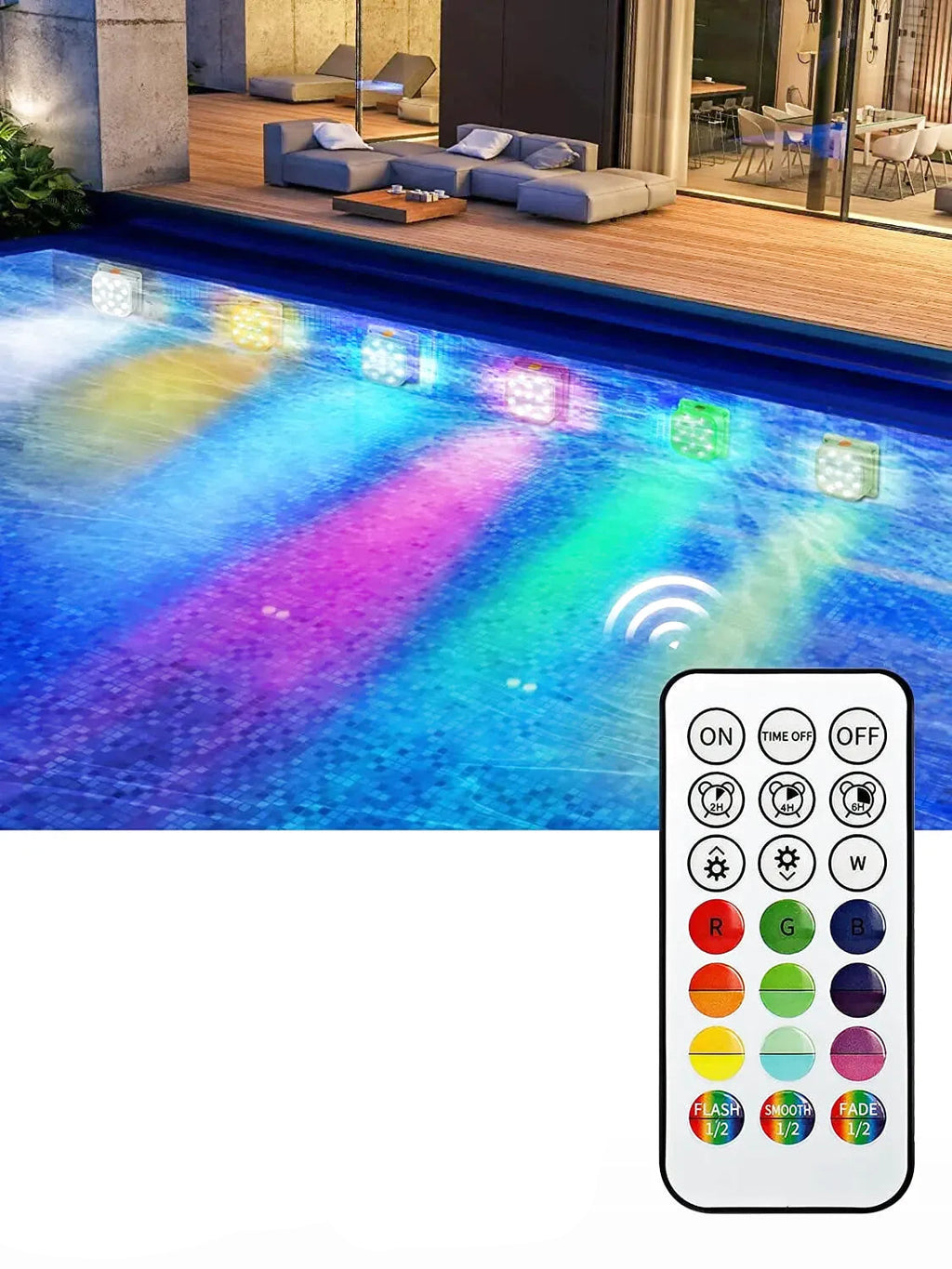 Lampe de piscine LED submersible rechargeable – IP68, 16 couleurs, télécommande 200FT & minuterie - LUMICONCEPT