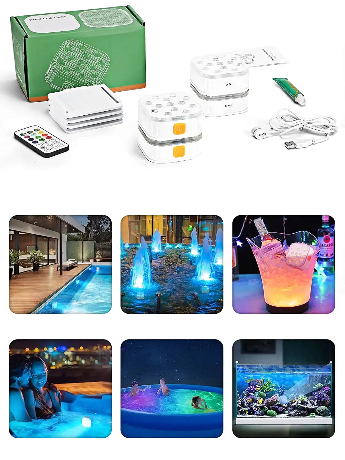 Lampe de piscine LED submersible rechargeable – IP68, 16 couleurs, télécommande 200FT & minuterie - LUMICONCEPT