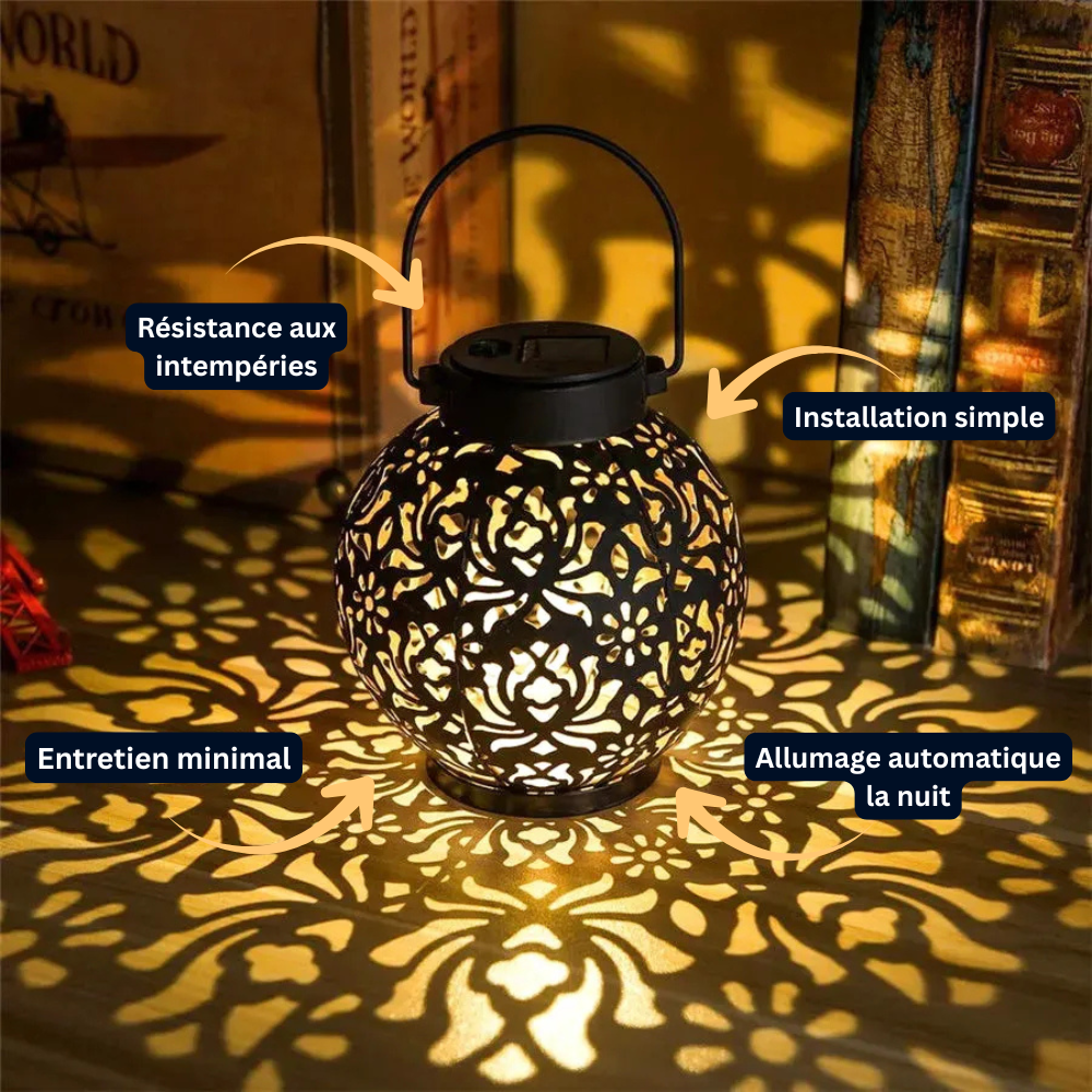 Lampe Solaire LED Suspendue – Étanche IP44, Design Fer Forgé Ajouré, Projection Lumineuse Jardin (Lyra) - LUMICONCEPT