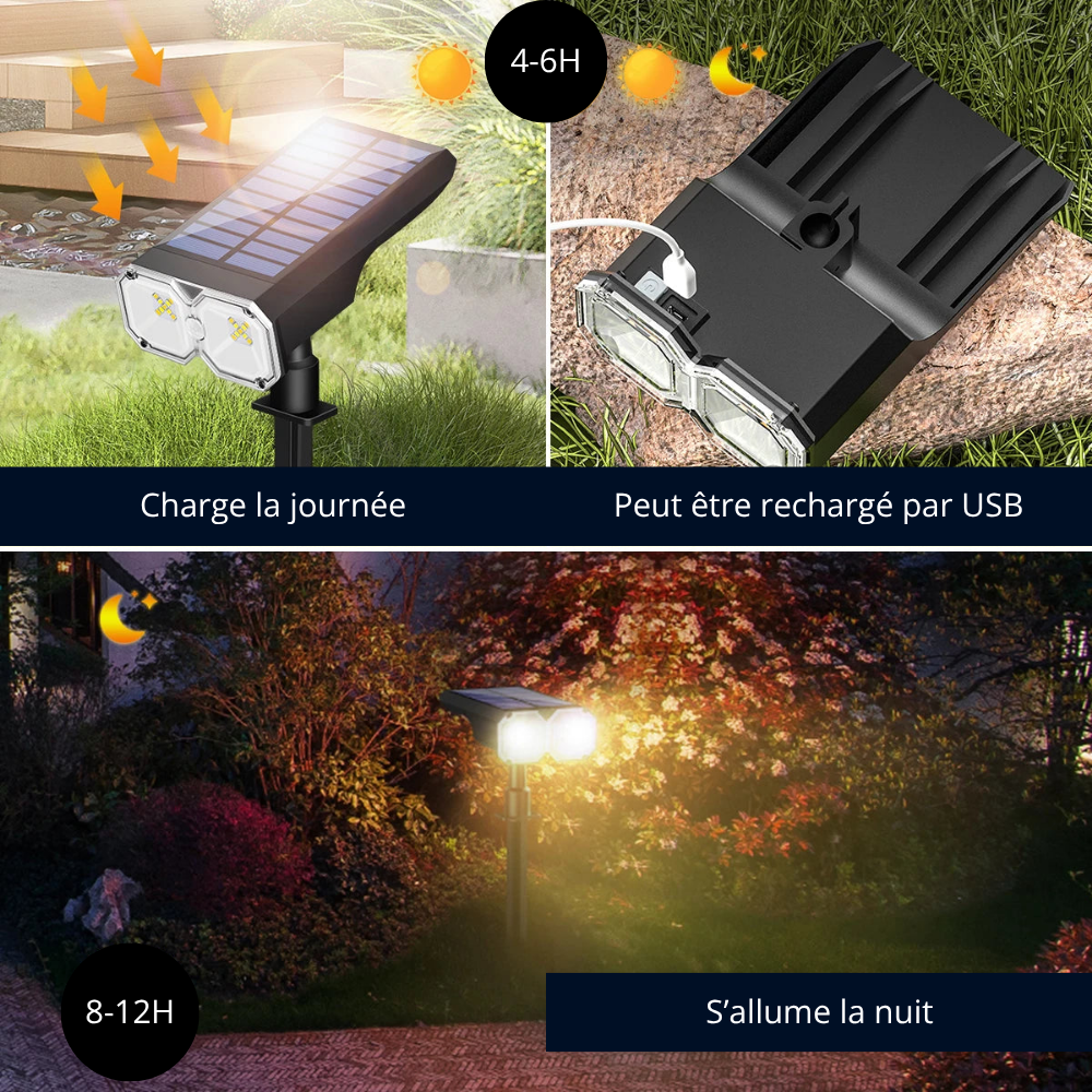 Projecteur Solaire LED RVB & Blanc Chaud – Étanche IP67 avec Charge Solaire & USB (Hydra) - LUMICONCEPT