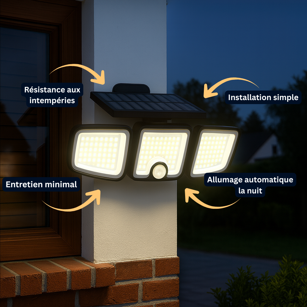 Projecteur Mural Solaire LED Extérieure – Étanche IP65, 3 Têtes Réglables, Détecteur de Mouvement, Éclairage Grand Angle 270° Super Lumineux (Hydra) - LUMICONCEPT