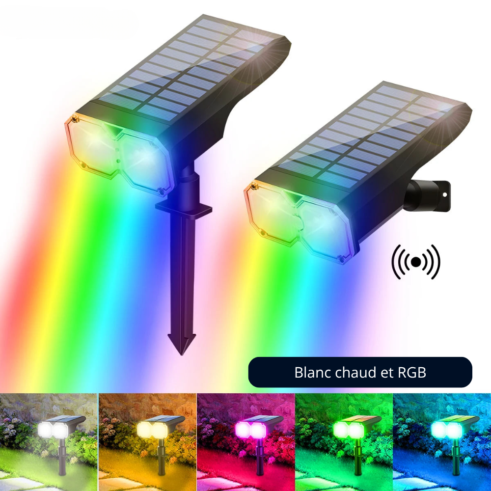 Projecteur Solaire LED RVB & Blanc Chaud – Étanche IP67 avec Charge Solaire & USB (Hydra) - LUMICONCEPT